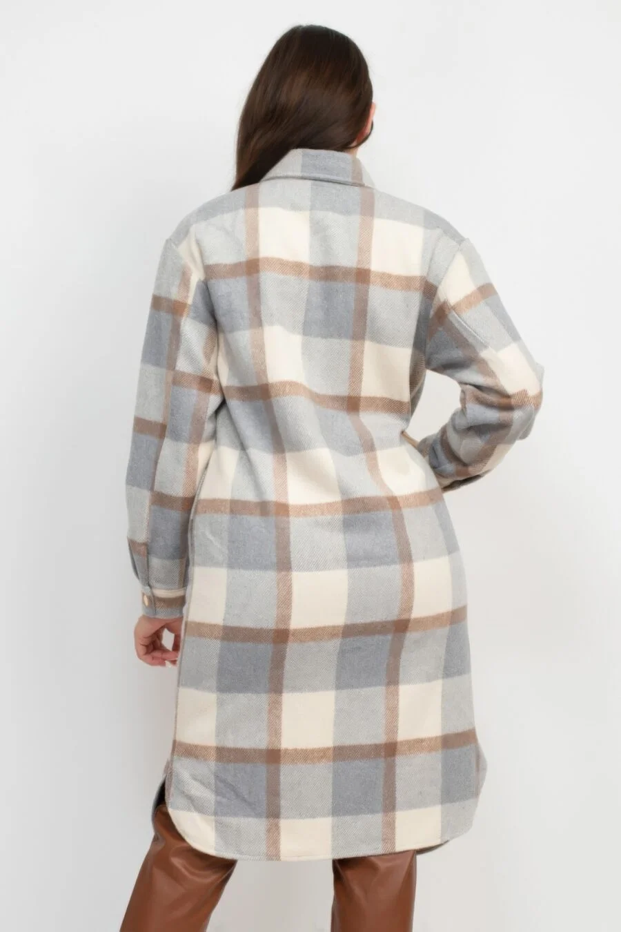 Chic Plaid Buttoned Shacket Coat in cream and grey with snap button closure and chest pockets, ideal for versatile styling and layering