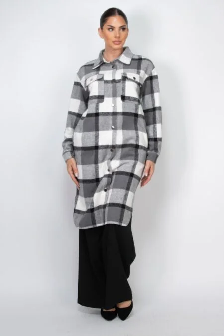 Chic Plaid Buttoned Shacket Coat in cream and grey with snap button closure and chest pockets, ideal for versatile styling and layering