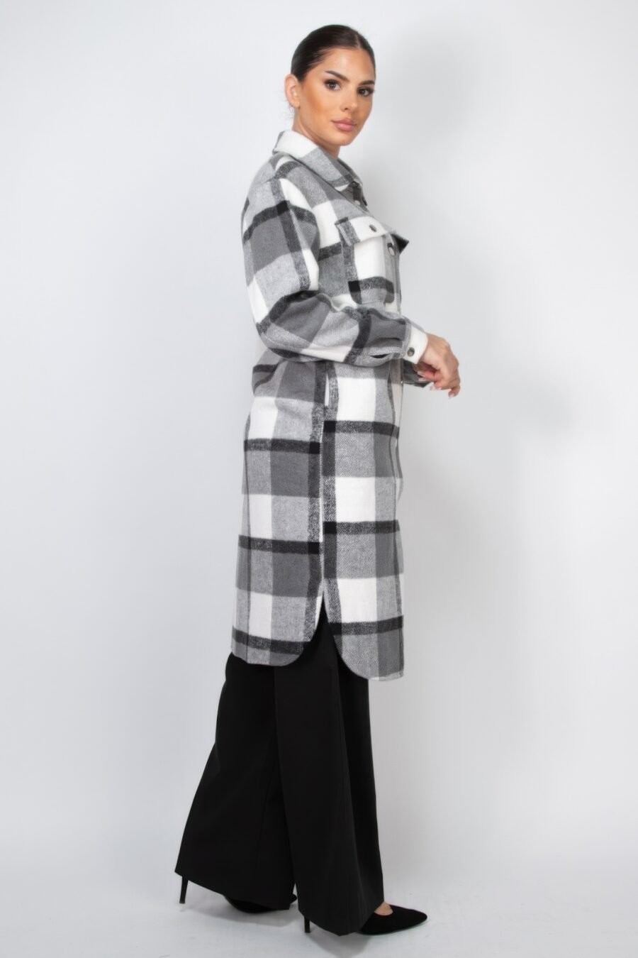 Chic Plaid Buttoned Shacket Coat in cream and grey with snap button closure and chest pockets, ideal for versatile styling and layering