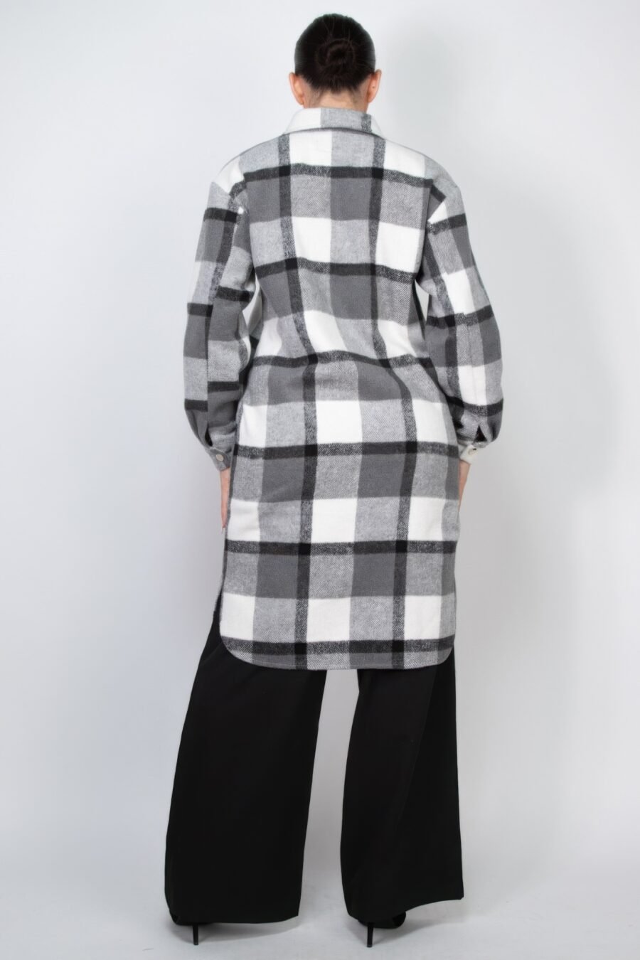 Chic Plaid Buttoned Shacket Coat in cream and grey with snap button closure and chest pockets, ideal for versatile styling and layering