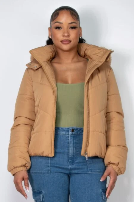 Insulated Zip-Up Faux Fur Hooded Jacket in Khaki with Faux Fur Trim