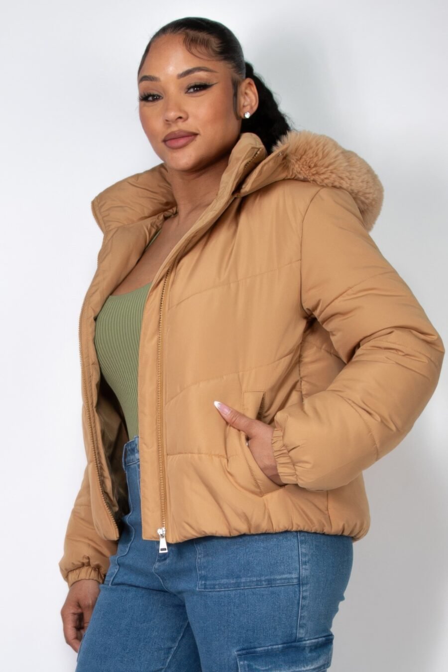 Insulated Zip-Up Faux Fur Hooded Jacket in Khaki with Faux Fur Trim