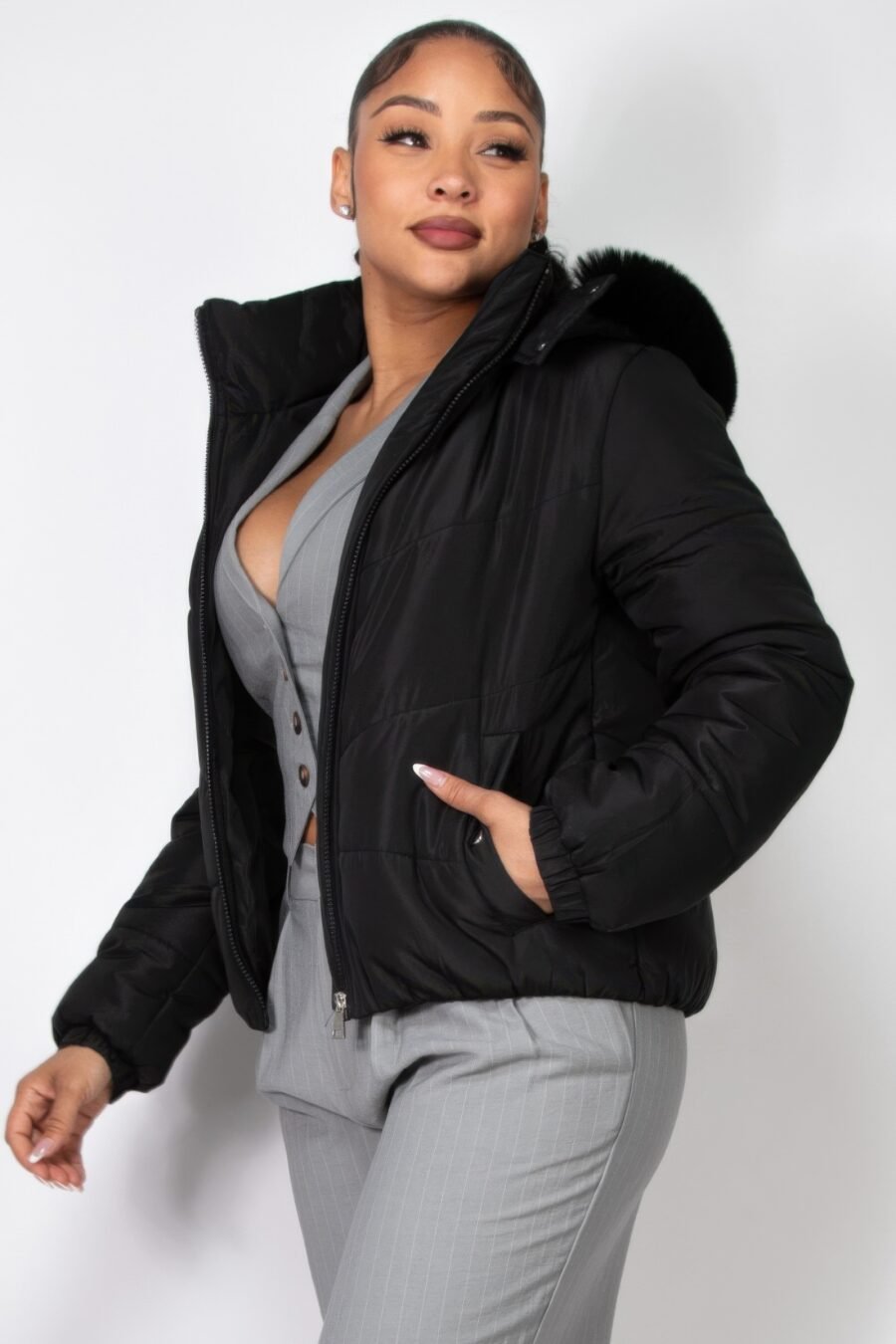 Insulated Zip-Up Faux Fur Hooded Jacket in Khaki with Faux Fur Trim