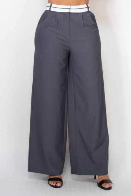 Elegant charcoal Pleated Double Waistband Pants with wide-leg silhouette, pleated details, and functional pockets for a chic, modern look