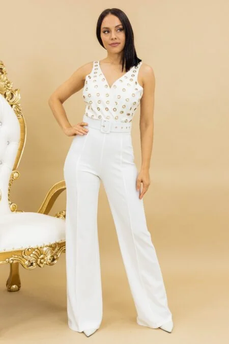 White PU leather sleeveless jumpsuit with metal eyelet details and wide-leg pants