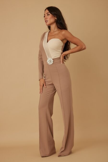 Snowflake Stone Half Shoulder Jumpsuit in Mocha/Beige with tailored silhouette and crystal stone detail, ideal for elegant events