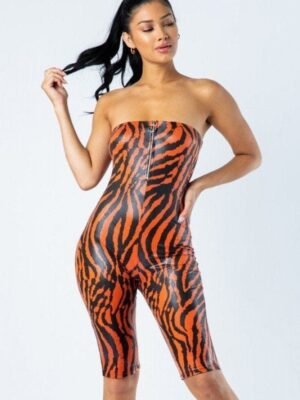 Zebra Print Tube Romper With Front O Ring Zipper Detail