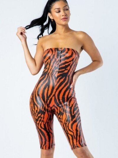 Zebra Print Tube Romper With Front O Ring Zipper Detail