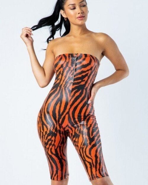 zebra print tube romper with front o ring zipper detail
