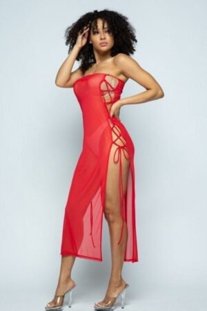 Red Swimwear Cover Up – Beachwear Style Mesh Dress Solid Mesh Side Lace Up Cover Up Dress