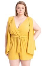 Shimmer Fabric Draped Open Sleeve Romper - Image 7