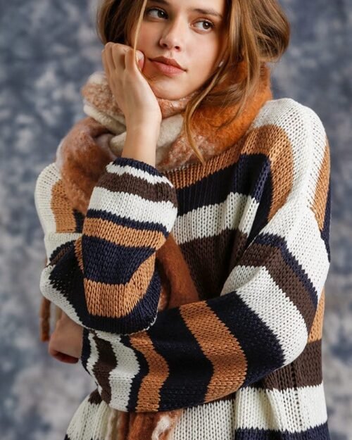 multicolored stripe round neck long sleeve knit sweater