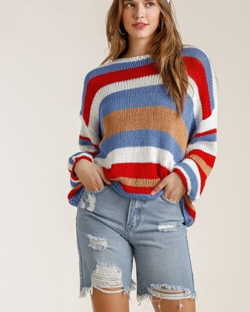 Multicolored Stripe Round Neck Long Sleeve Knit Sweater