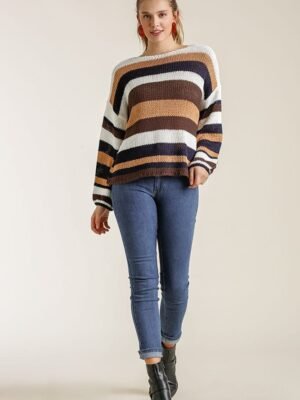 Multicolored Stripe Round Neck Long Sleeve Knit Sweater