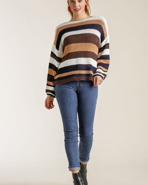 multicolored stripe round neck long sleeve knit sweater