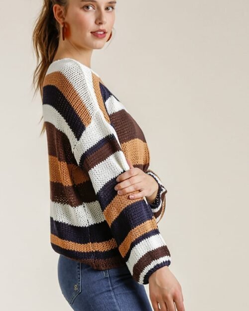 multicolored stripe round neck long sleeve knit sweater