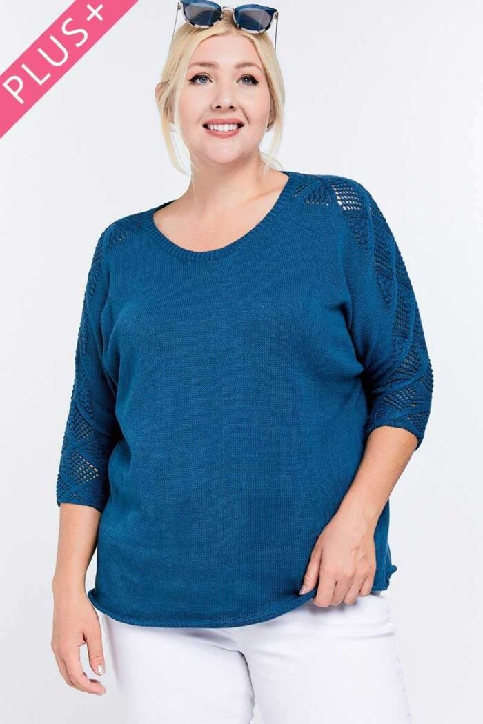 Solid round neck 3/4 sleeve sweater top