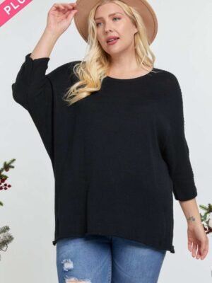 Solid Round Neck 3/4 Sleeve Sweater Top