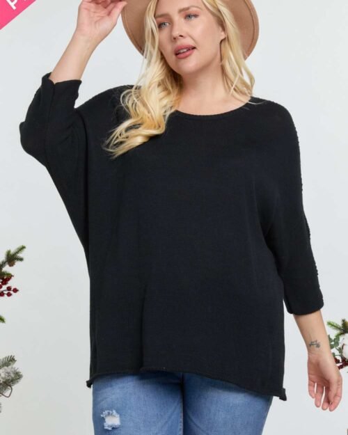Solid Round Neck 3/4 Sleeve Sweater Top