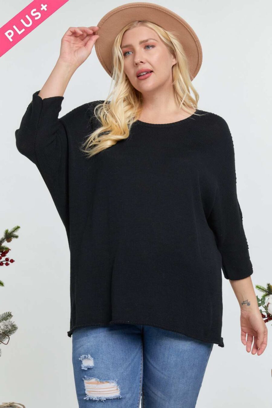 Solid round neck 3/4 sleeve sweater top