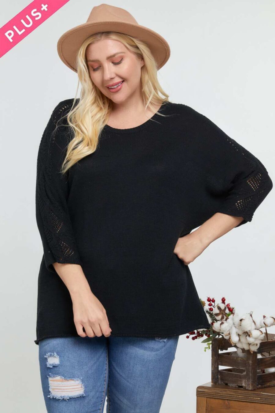 Solid round neck 3/4 sleeve sweater top