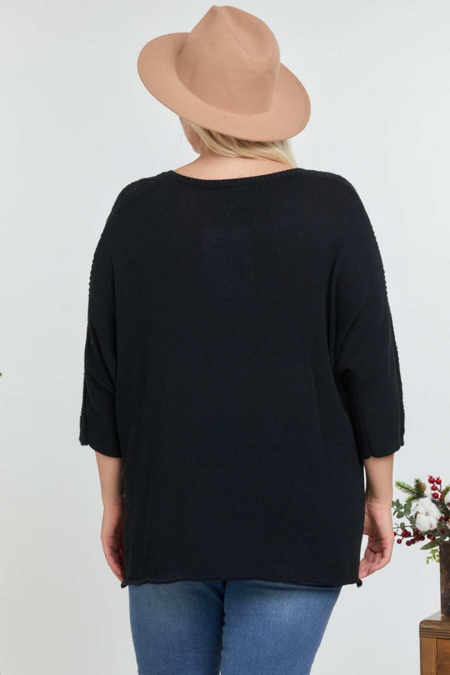 Solid round neck 3/4 sleeve sweater top