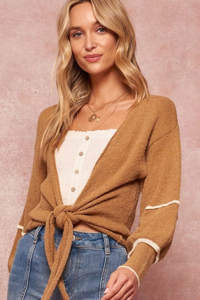 A textured knit cardigan sweater
