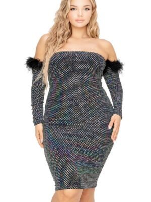 Plus Off Shoulder Feather Trim Detail Sequin Dress