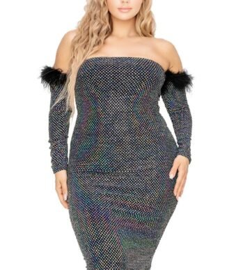 Plus Off Shoulder Feather Trim Detail Sequin Dress