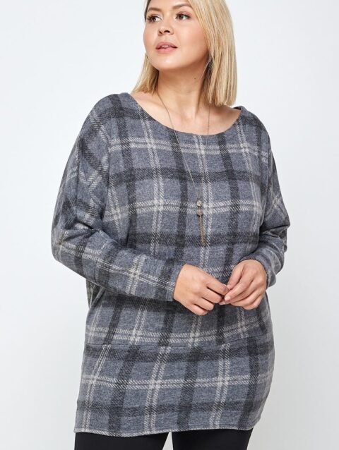 Boat Neck, Plaid Print Tunic Top, With Long Dolman Sleeves