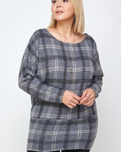Boat Neck, Plaid Print Tunic Top, With Long Dolman Sleeves