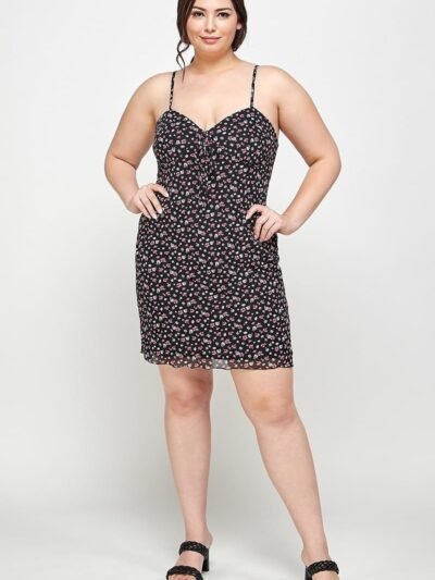 Plus Size Ditsy Floral Print On Mesh Fabric Cami Dress