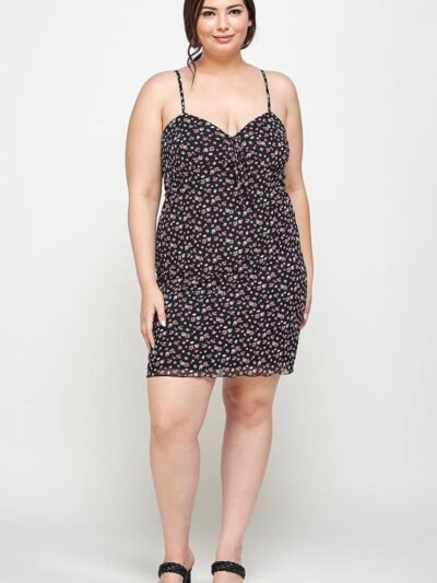 Plus Size Ditsy Floral Print On Mesh Fabric Cami Dress