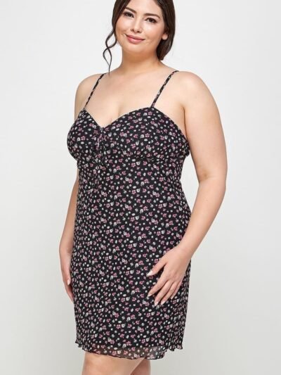 Plus Size Ditsy Floral Print On Mesh Fabric Cami Dress