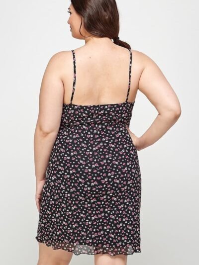 Plus Size Ditsy Floral Print On Mesh Fabric Cami Dress