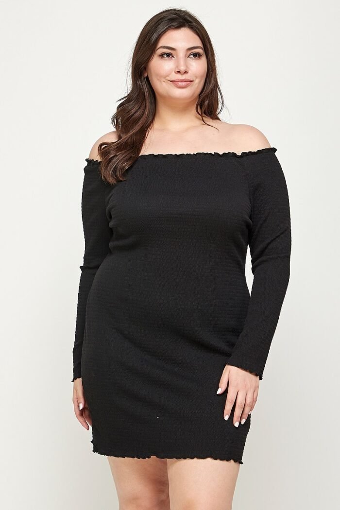 Plus size, solid smocked off shoulder dress - image 1