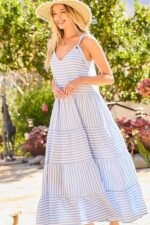 V-neck Tie Shoulder Strap Tier Stripe Print Maxi Oversize Dress - Image 2