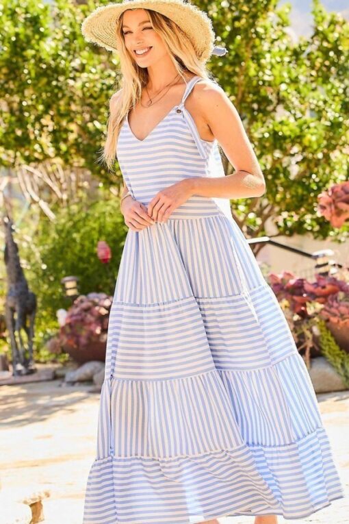 V-neck Tie Shoulder Strap Tier Stripe Print Maxi Oversize Dress - Image 2