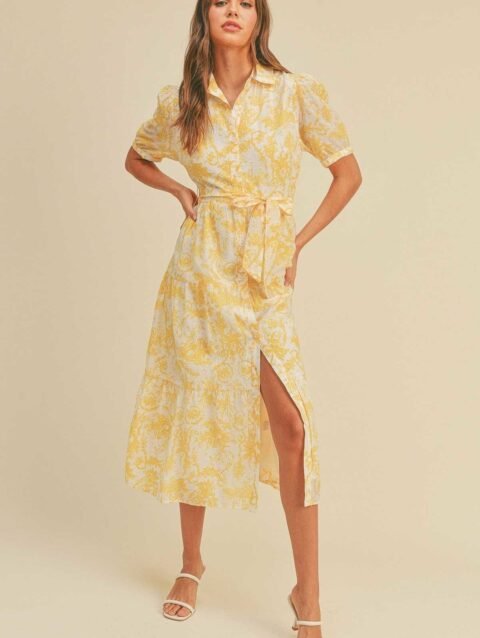 Button closure waist belt puff sleeve dress