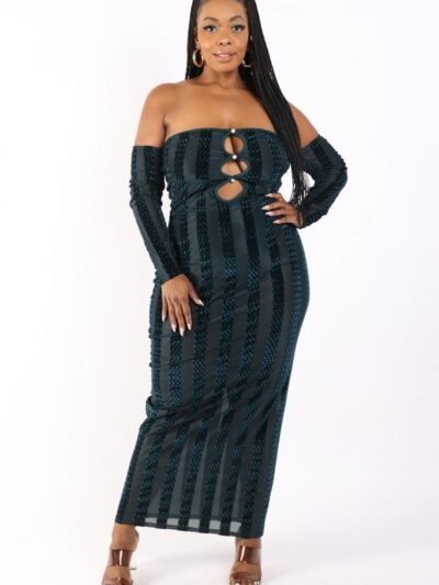 Striped Velvet Off Shoulder Dress