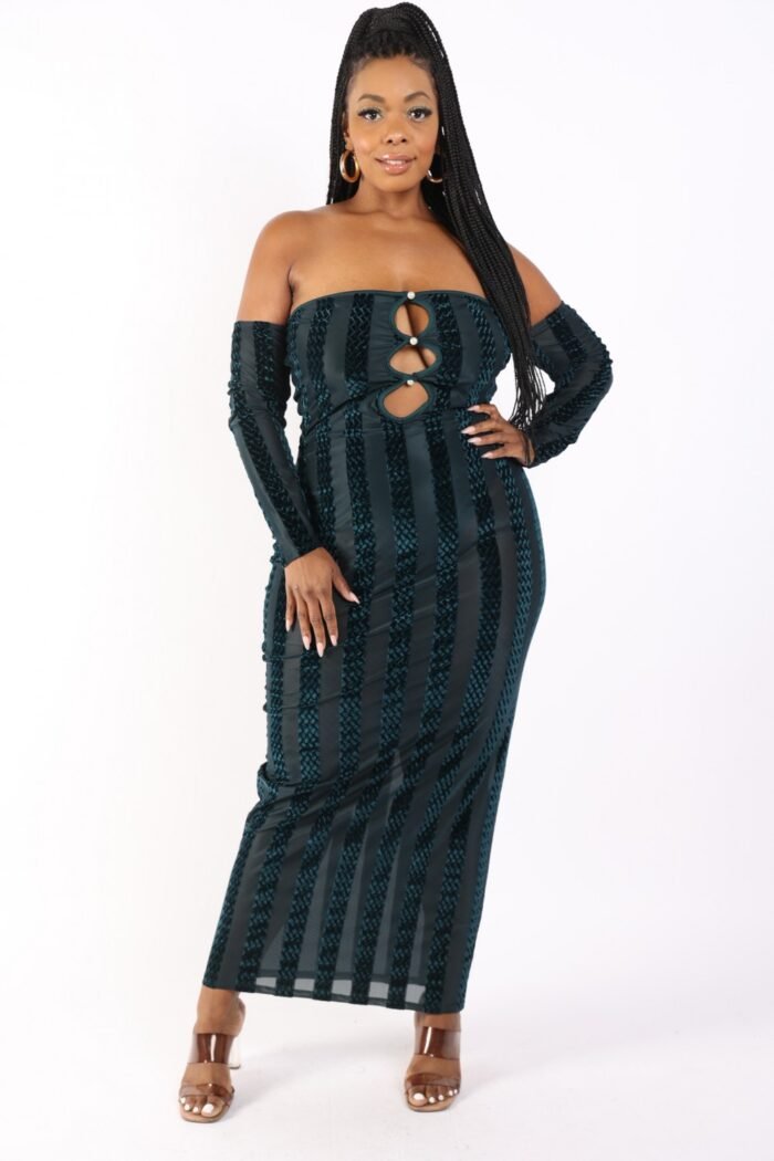 Striped velvet off shoulder dress - image 1