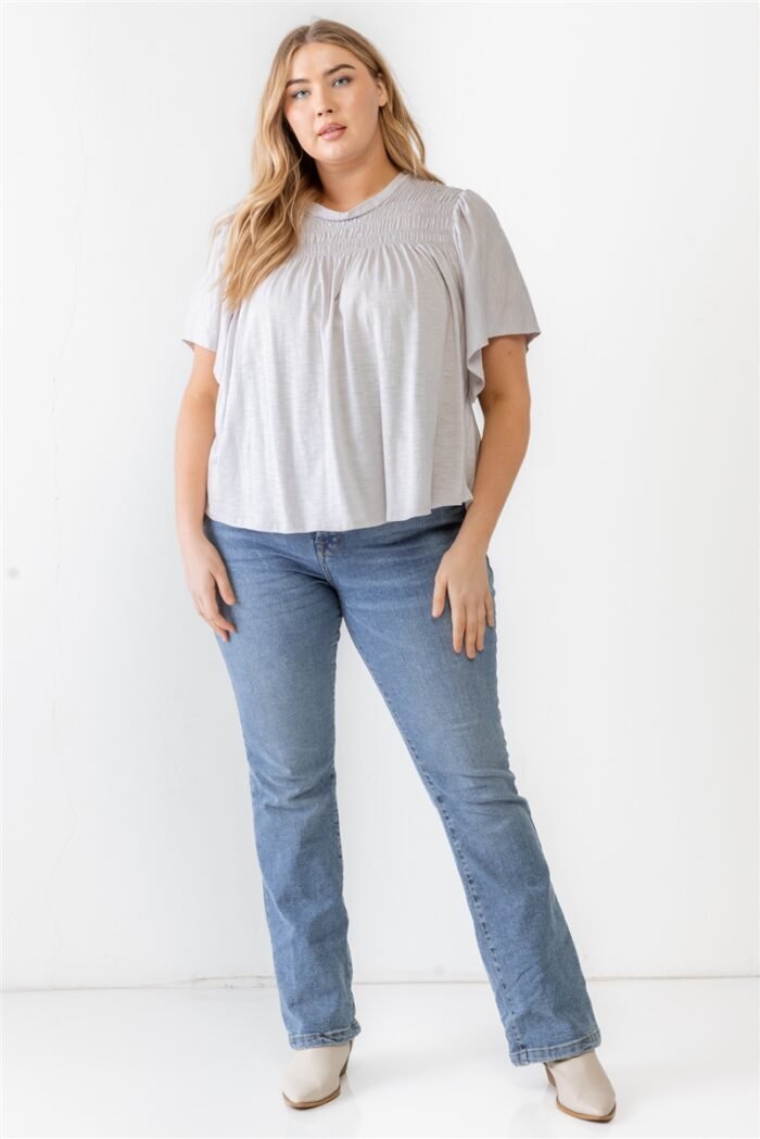 Plus grey cotton blend smoked short sleeve top