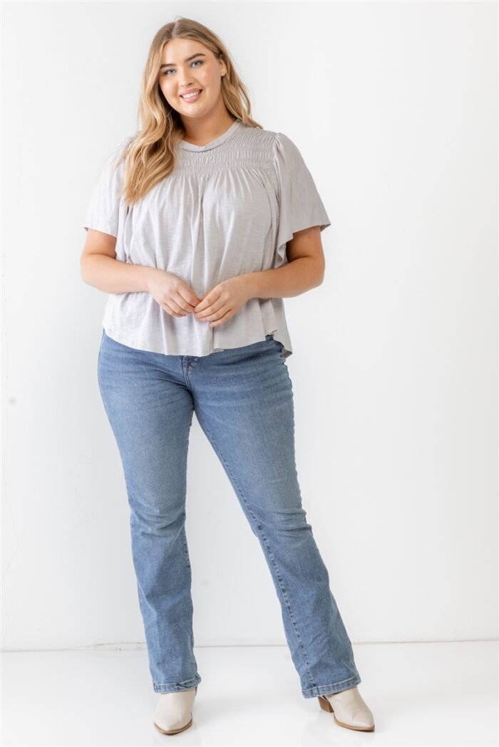 Plus grey cotton blend smoked short sleeve top
