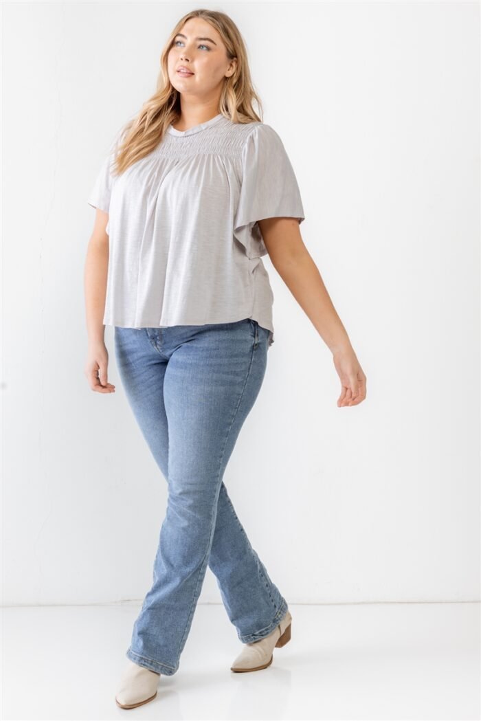 Plus grey cotton blend smoked short sleeve top