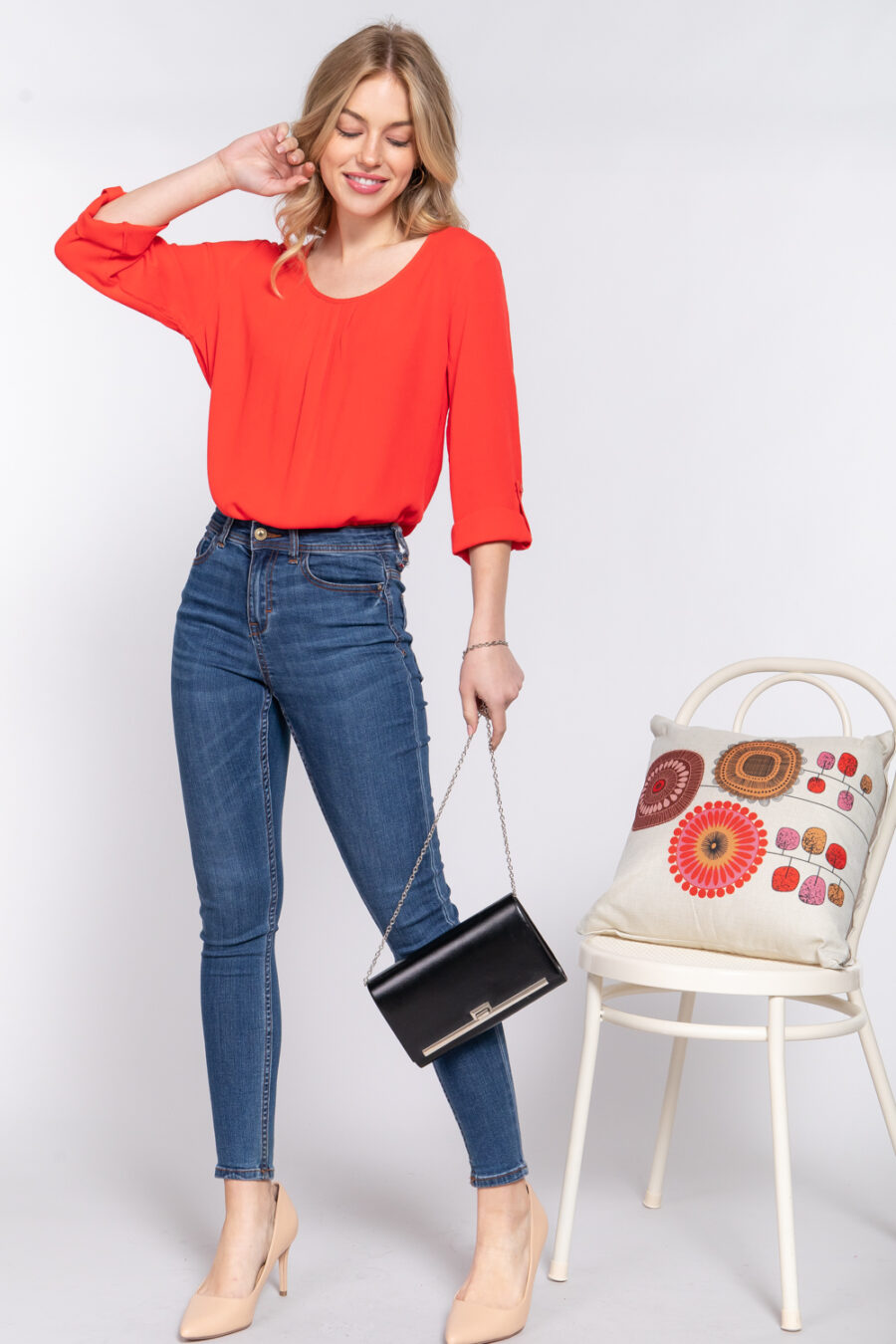 3/4 roll up slv pleated blouse