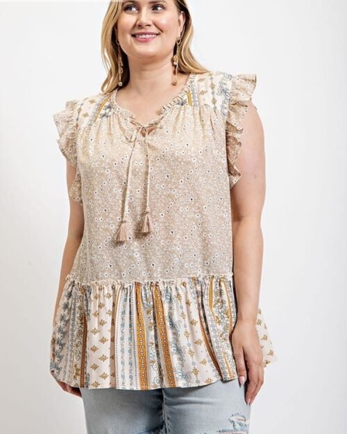 woven prints mixed and sleeveless flutter top with tassel tie