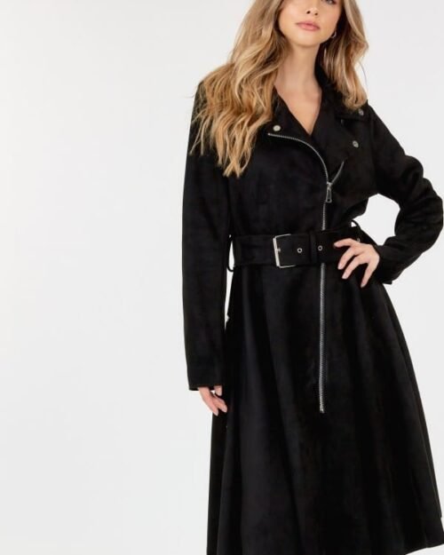 Waist Belt Tacked Faux Suede Coat Solid Coat