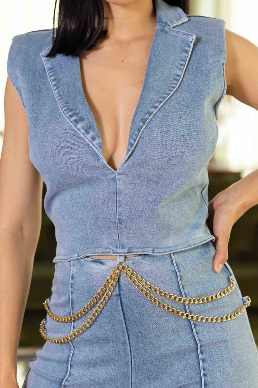 Washed denim stretch fashion jumpsuit