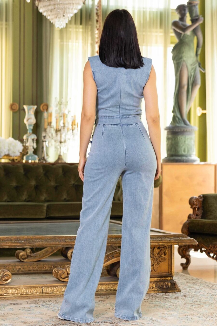 Washed denim stretch fashion jumpsuit