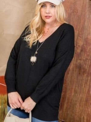 Plus Size V Neck 3/4 Sleeve Side Slit Hi-lo Sweater